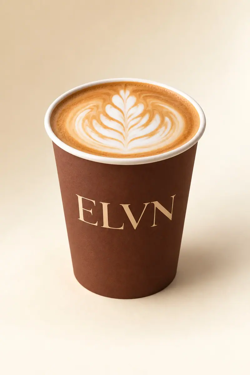 An ELVN Latte in the cocoa ELVN cup